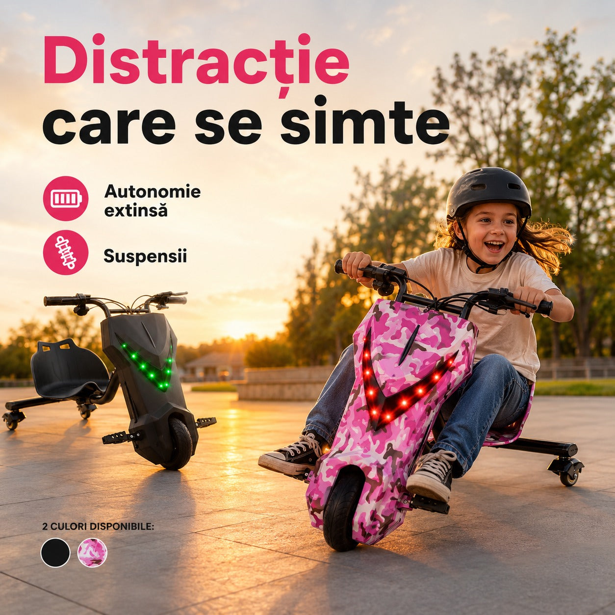 Tricicletă electrică drift copii, 150W, 36V, 20 km/h, Bluetooth