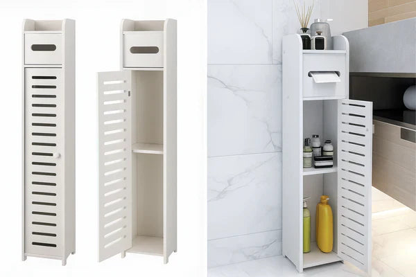 Dulap Îngust de Baie 3-în-1 – Suport Hartie Igienică, Rafturi și Depozitare Ascunsă, Alb Premium