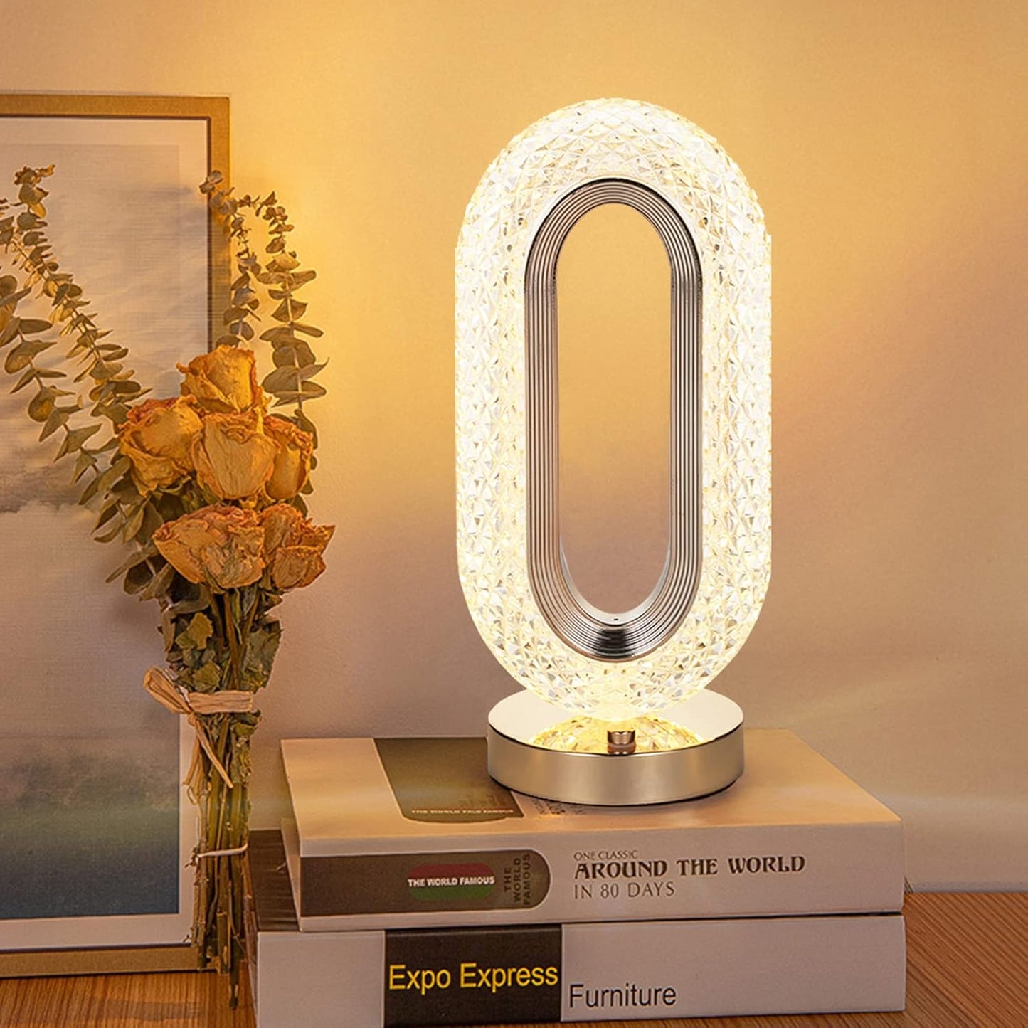 Lampă LED Cristal, Lumina Ambientală 3 Culori, Control Touch, Reîncărcabilă USB, Portabilă, Auriu