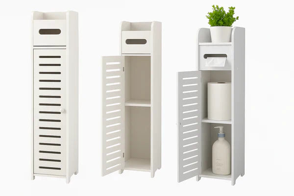 Dulap Îngust de Baie 3-în-1 – Suport Hartie Igienică, Rafturi și Depozitare Ascunsă, Alb Premium