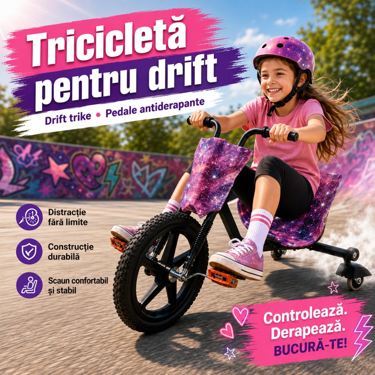 Tricicletă pentru Drift Copii, Drift Trike cu Pedale Antiderapante, Scaun Stabil, Roată Față 40 cm, Capacitate 100 kg
