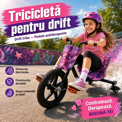 Tricicletă pentru Drift Copii, Drift Trike cu Pedale Antiderapante, Scaun Stabil, Roată Față 40 cm, Capacitate 100 kg