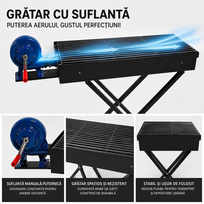 Grătar BBQ portabil cu suflantă de aer, 80 x 25 x 75 cm, grătar compact pe cărbuni pentru exterior