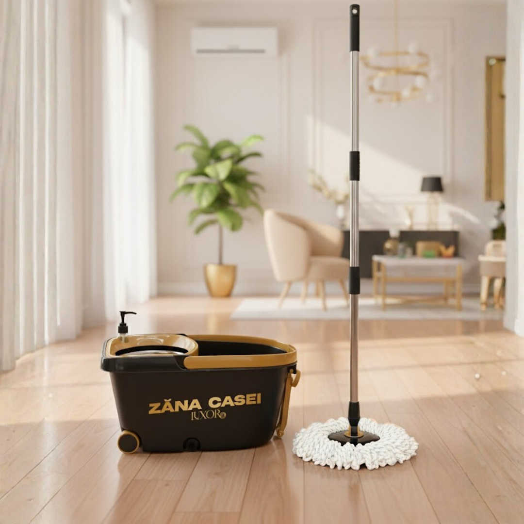 Mop Rotativ Zâna Casei® Luxor – Set Premium cu 4 Rezerve, Cuva din Inox