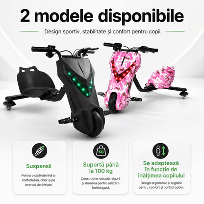 Tricicletă electrică drift copii, 150W, 36V, 20 km/h, Bluetooth