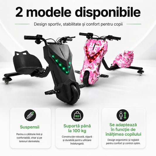 Tricicletă electrică drift copii, 150W, 36V, 20 km/h, Bluetooth