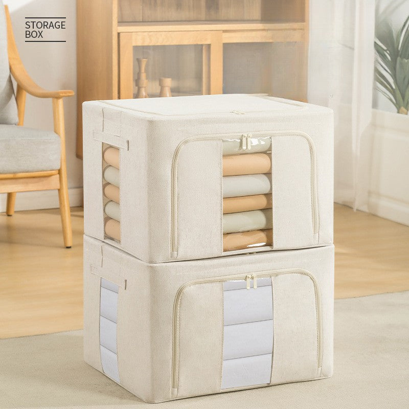 Cutie de Depozitare Pliabilă Crem, 66L – Textil Premium, Fereastră, Fermoar Dublu, Cadru Metalic, 50x40x33 cm