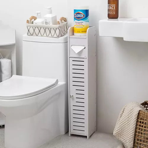 Dulap Îngust de Baie 3-în-1 – Suport Hartie Igienică, Rafturi și Depozitare Ascunsă, Alb Premium