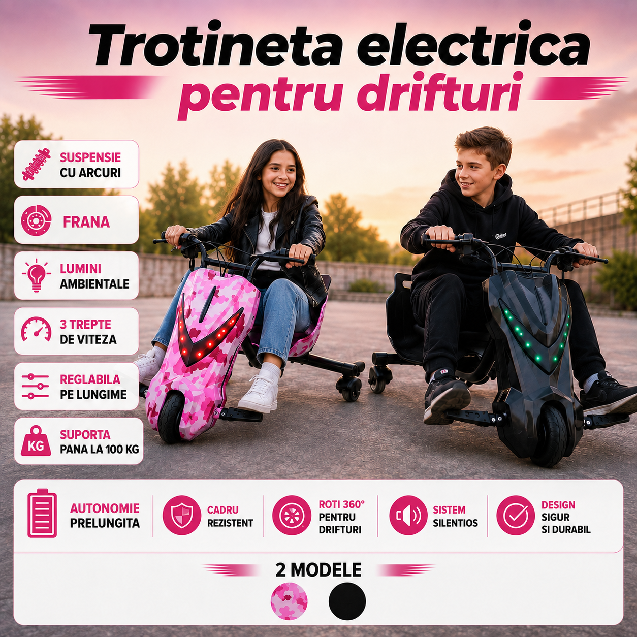 Tricicletă electrică drift copii, 150W, 36V, 20 km/h, Bluetooth