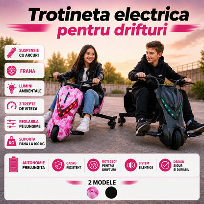 Tricicletă electrică drift copii, 150W, 36V, 20 km/h, Bluetooth