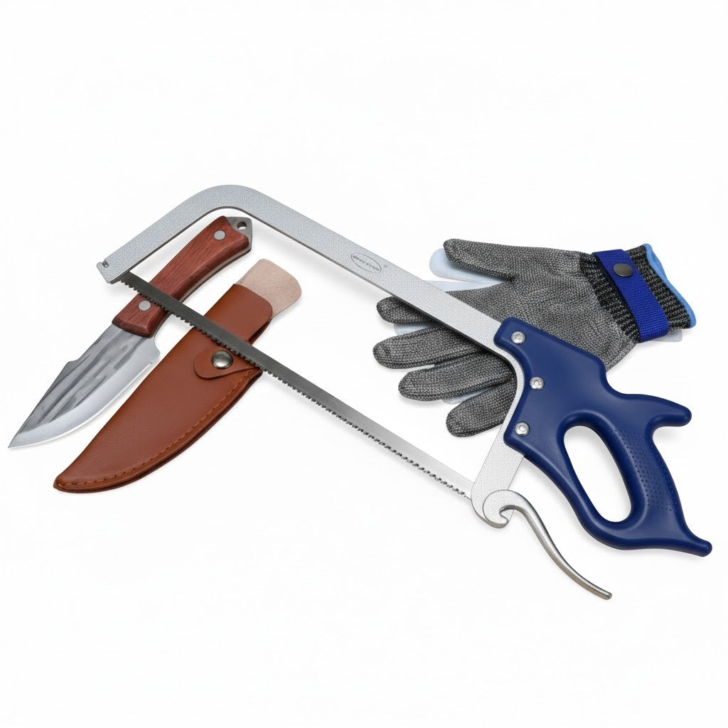Set profesional pentru transare carne si oase ZanaCasei – Fierastrau inox 45 cm + Manusa anti-taiere + Cutit aventura Full Tang, teaca inclusa